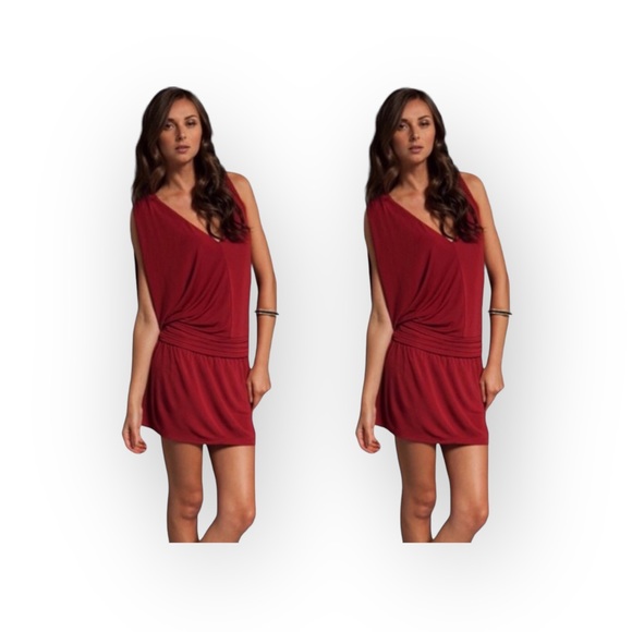 Haute Hippie Dresses & Skirts - new Haute Hippie ᯾ Asymmetrical Shoulders Deep V Mini Dress ᯾ Scarlet Red ᯾